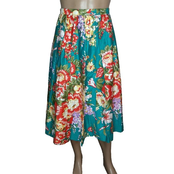 Vintage 70s Hawaii Floral Print Pleated Midi Skirt ILGWU Size 8 - Picture 3 of 7